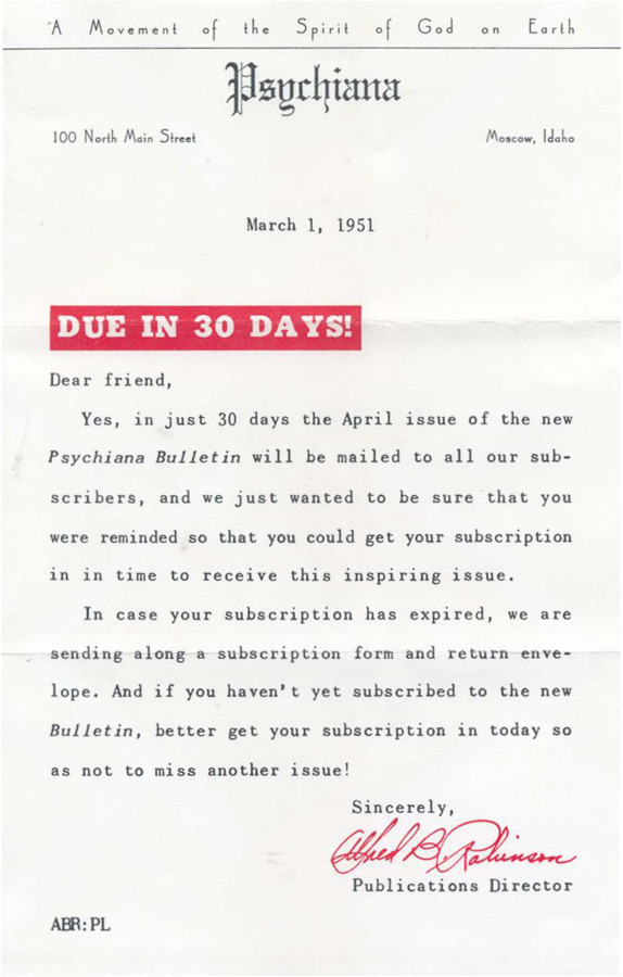A form letter from Alfred B. Robinson urging the reader to resubscribe to the Psychiana Bulletin.