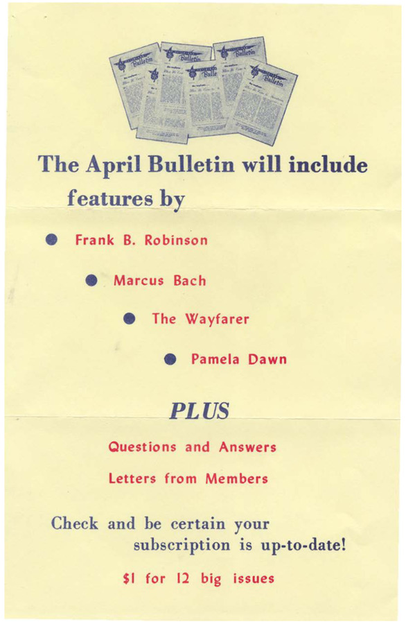 A flyer for the April 1951 issue of the Psychiana Bulletin.