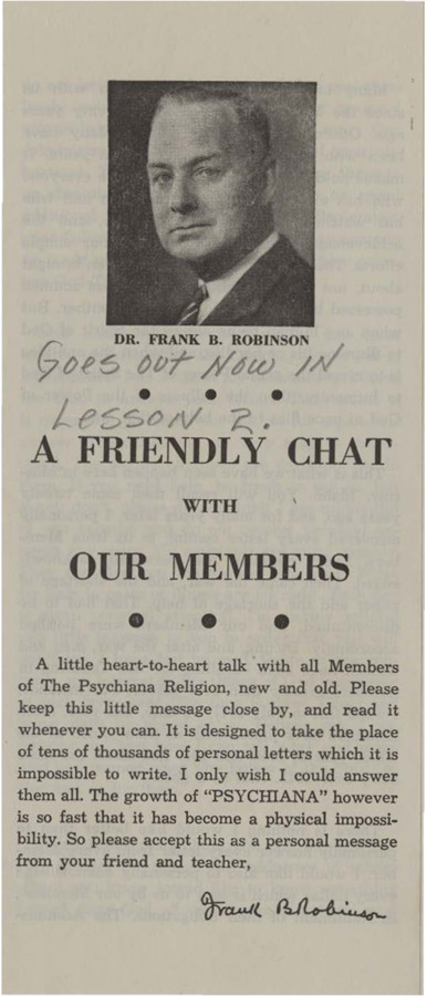 A pamphlet from Psychiana featuring a photograph and a 'little heart-to-heart' with Frank B. Robinson.