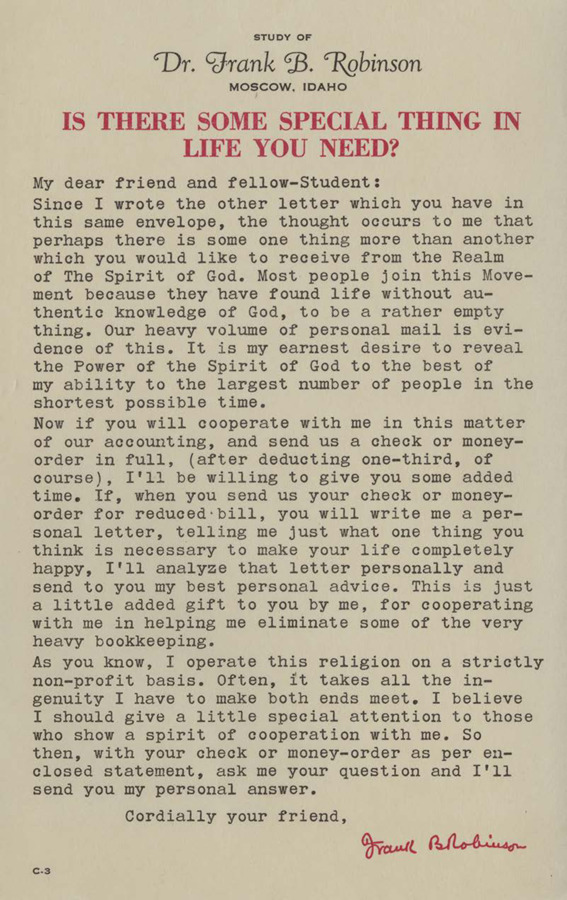 A form letter from Frank B. Robinson offering personal advice.