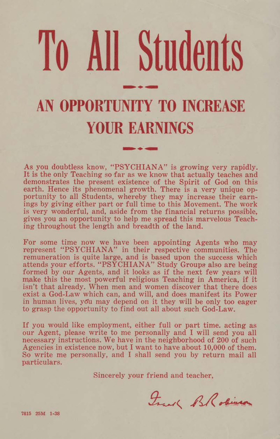 A form letter from Frank B. Robinson encouraging students of Psychiana to become employed full or part-time as an agent of Psychiana.