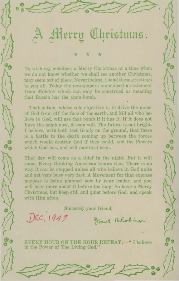 A form letter from Frank B. Robinson in celebration of Christmas 1947.