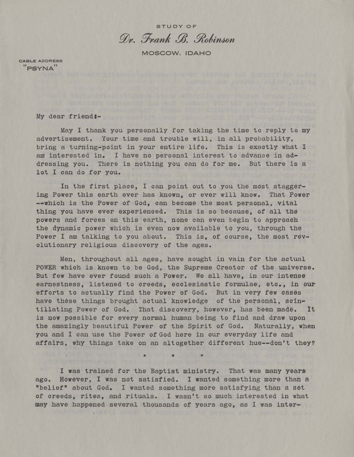 A form letter from Frank B. Robinson describing how he came to found Psychiana.