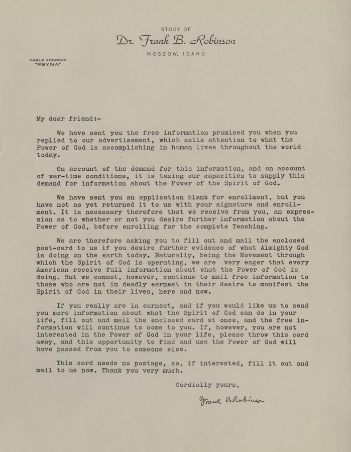 A form letter from Frank B. Robinson to an inquirer of Psychiana asking them to fill out a card to notify Psychiana that they do not wish to be contacted further.