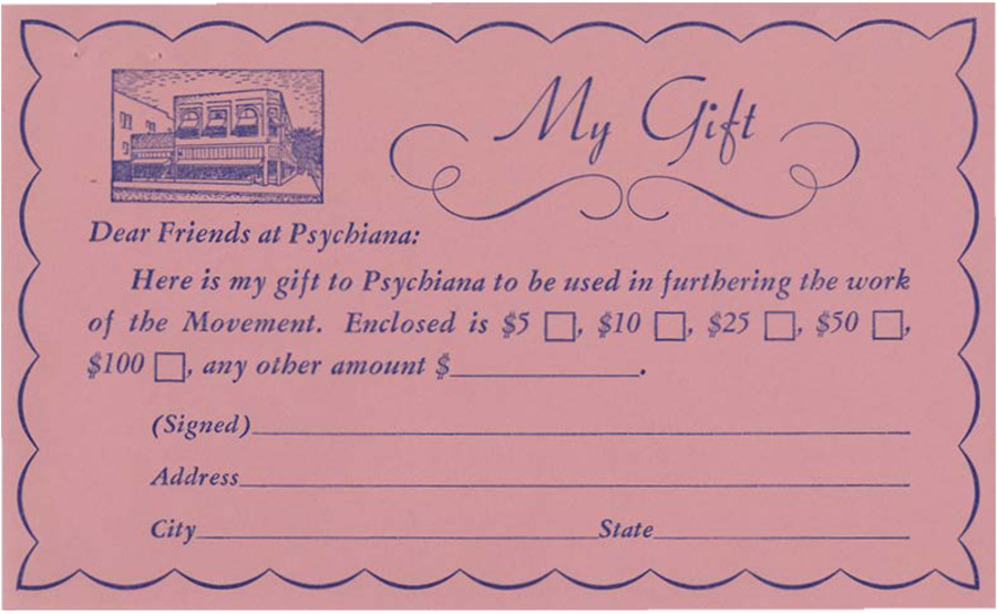 A gift envelope for donations to Psychiana.