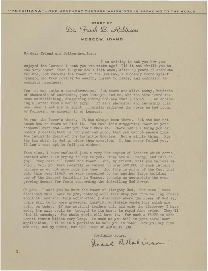 A form letter from Frank B. Robinson asking the reader about the lecture he sent.