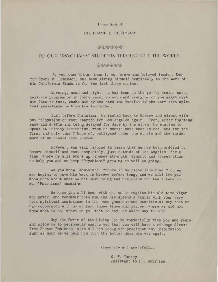 A form letter from C.W. Tenney informing the reader of Frank B. Robinson's collapse at a Los Angeles speaking engagement.