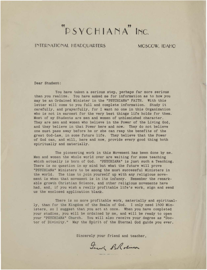 A form letter from Frank B. Robinson to a student who requested more information about becoming a minister in the Psychiana faith.