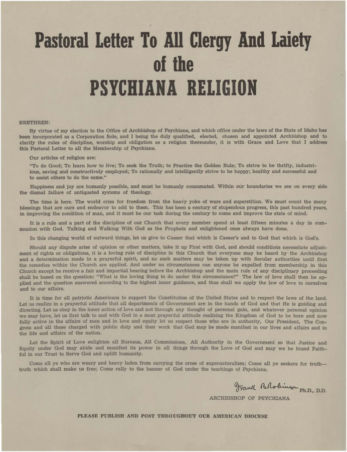 A form letter from Frank B. Robinson to members of the Psychiana faith proclaiming himself the Archbishop of Psychiana.