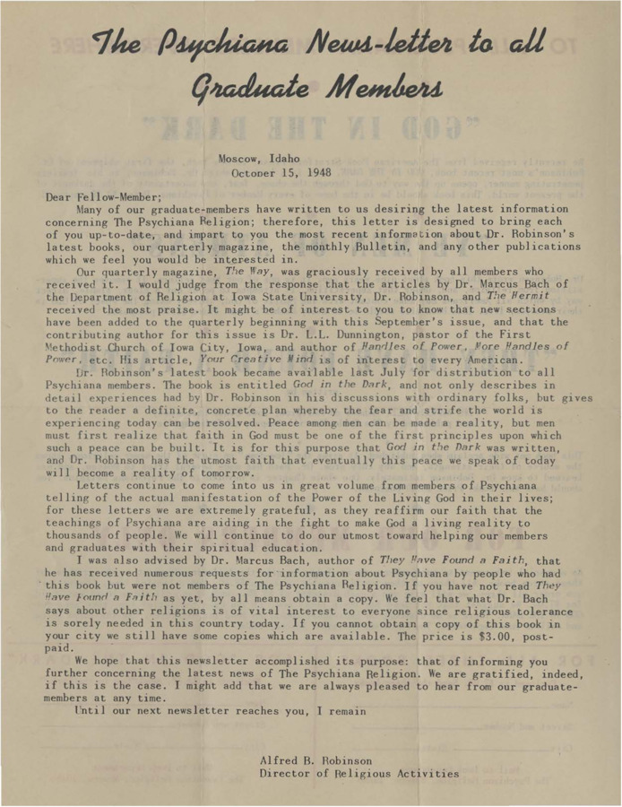 A form letter from Alfred B. Robinson to Psychiana members providing an update on Psychiana and offering an opportunity to purchase books.