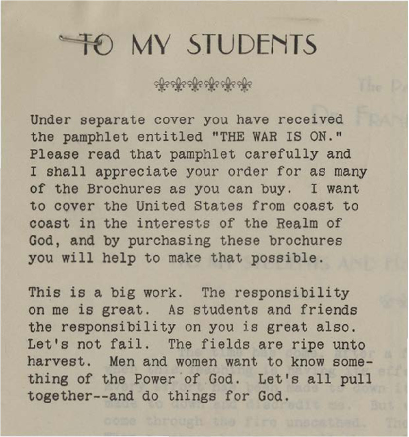 A packet of papers including a small note asking recipients to read a pamphlet titled 'THE WAR IS ON,' a letter to all students asking them to help Frank B. Robinson spread the word of Psychiana, and the WAR IS ON pamphlet, discussing the attacks on Psychiana.