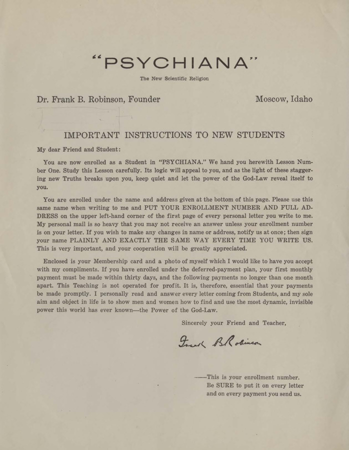 A form letter from Frank B. Robinson to new students of Psychiana.