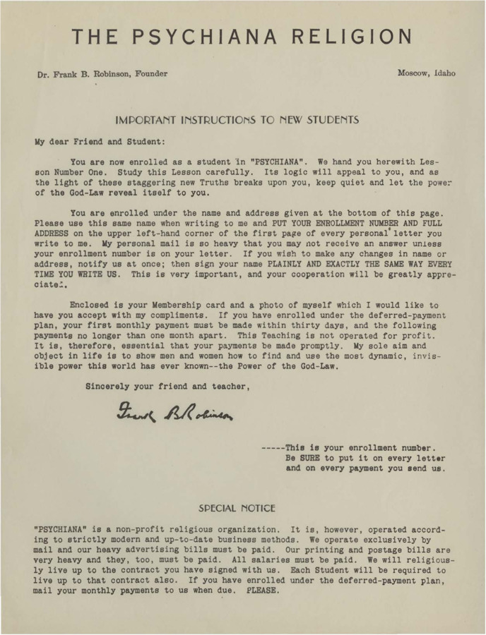 A form letter from Frank B. Robinson to new students of Psychiana. Also includes special notice urging new students to make their monthly payments on time.