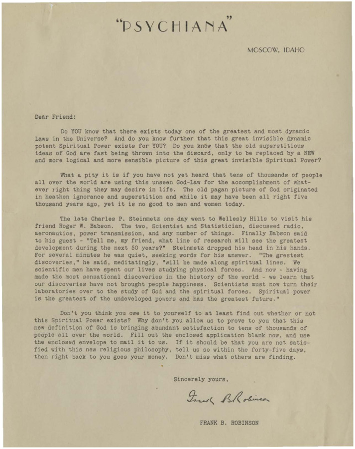 A form letter from Frank B. Robinson encouraging the reader to enroll in Psychiana, discussing the changing of time, modern scientists, and scientific innovation as a platform for change.