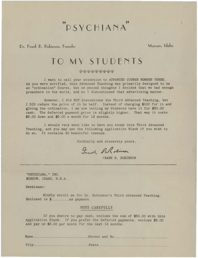A form letter from Frank B. Robinson informing students of Psychiana of a new advanced course available for purchase.