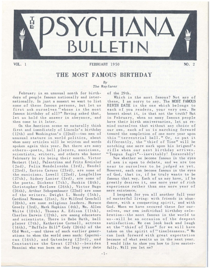 Bulletin includes a primary article about famous figures throughout history, born in February, and the nature of fame to God. Bulletin also includes stories written for children, letters from students, Q and A, and other articles.