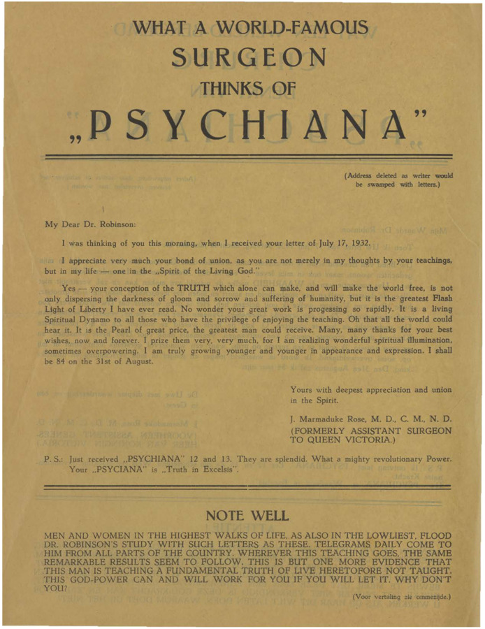 A flyer featuring a testimonial letter in both English and German.