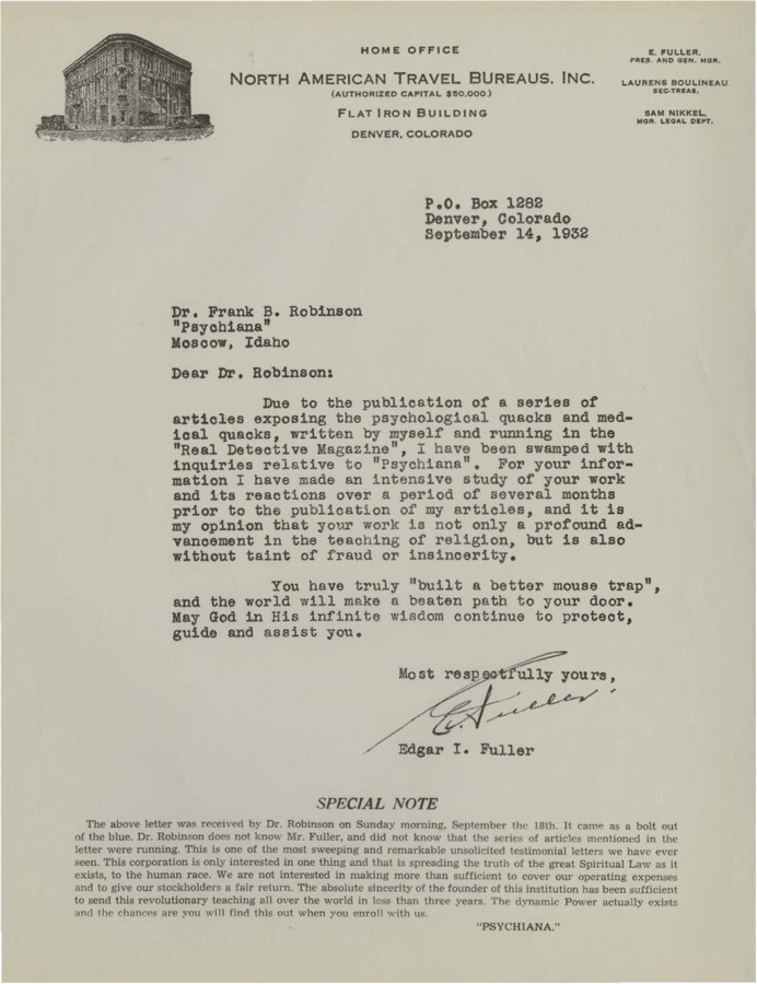 A flyer featuring a testimonial letter from Edgar I. Fuller.