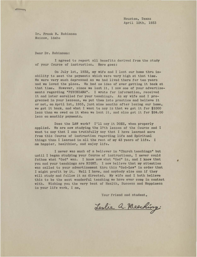A flyer featuring a testimonial letter from Leslie A. Beeching.