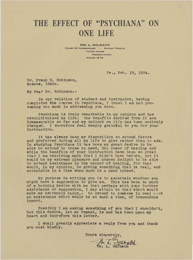 A flyer featuring a testimonial letter from WM. L. Gelbach.
