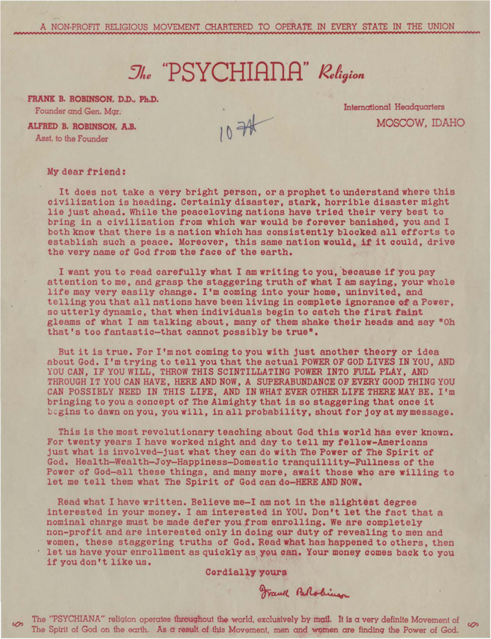A form letter from Frank B. Robinson to someone interested in Psychiana, asking them to enroll.