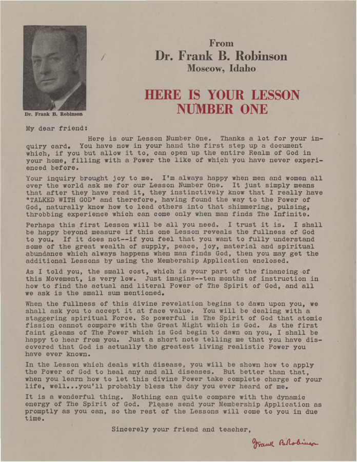 A form letter from Frank B. Robinson sent with Lesson Number One. Robinson encourages the inquirer to read Lesson Number One and enroll in Psychiana.