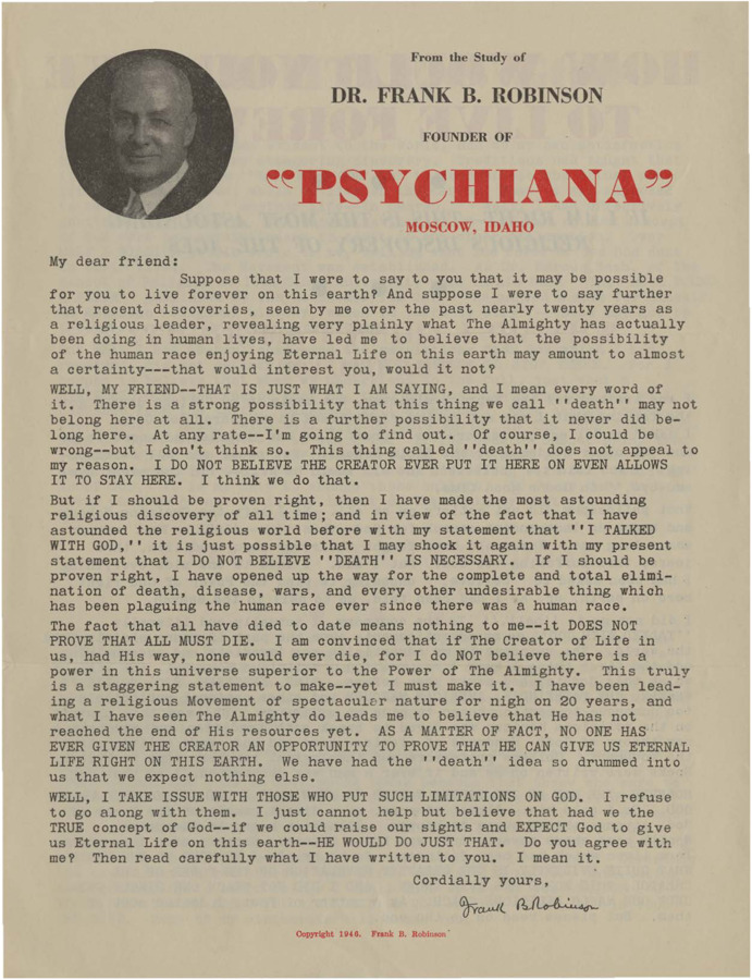 A form letter/flyer from Frank B. Robinson urging the reader to shrug off orthodox religion and try Psychiana.