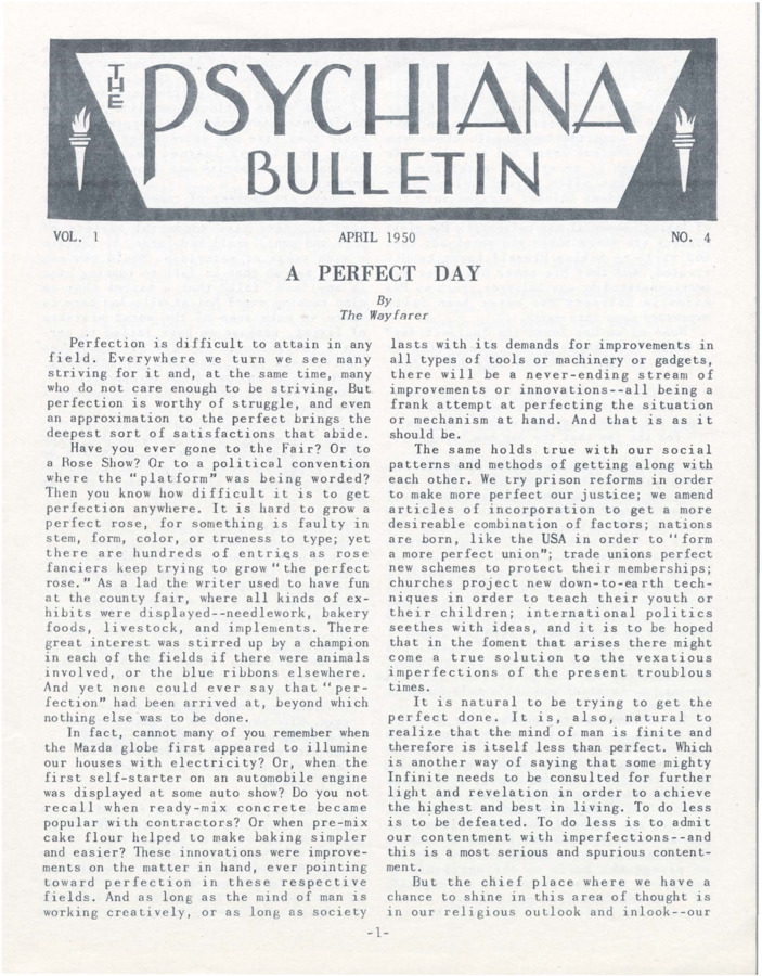Bulletin includes a primary article focused on the concept of perfection, and the difficulty of attaining a state of perfection in the various fields of one's life.  Also includes stories written for children, letters from students, Q and A, and other articles.