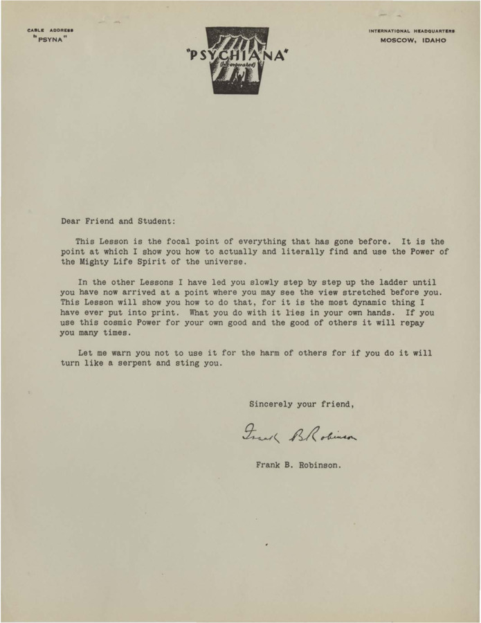 A form letter from Frank B. Robinson sent with a Lesson.