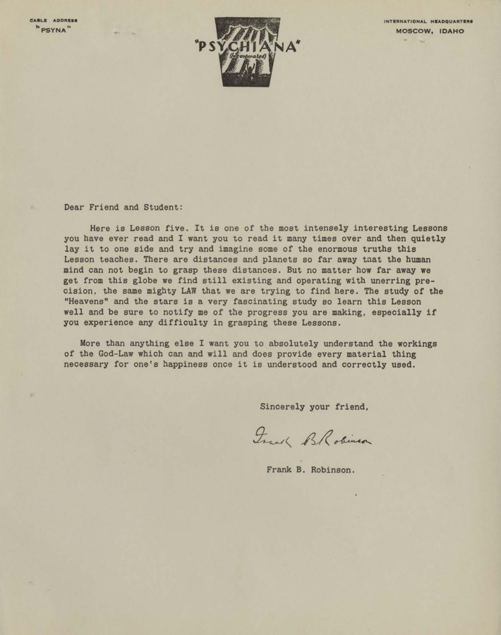 A form letter from Frank B. Robinson sent with Lesson five. Robinson encourages the student to notify him of any progress or difficulty they may have with the lesson.