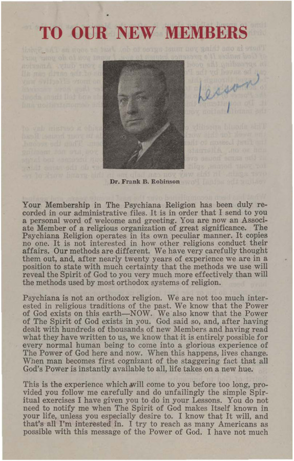 A form pamphlet from Frank B. Robinson acknowledging membership sent with lesson one. Frank B. Robinson reminds the new member to do their duty to spread the good news.