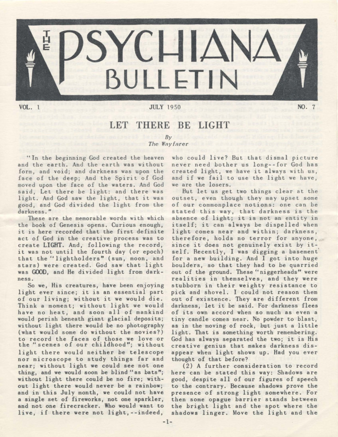 Bulletin includes a primary article discussing the nature and creation of light and darkness. Another article compares life to a card game, discussing the nature of fate and changing the 'cards we are dealt.' Also includes stories written for children, letters from students, Q and A, and other articles.