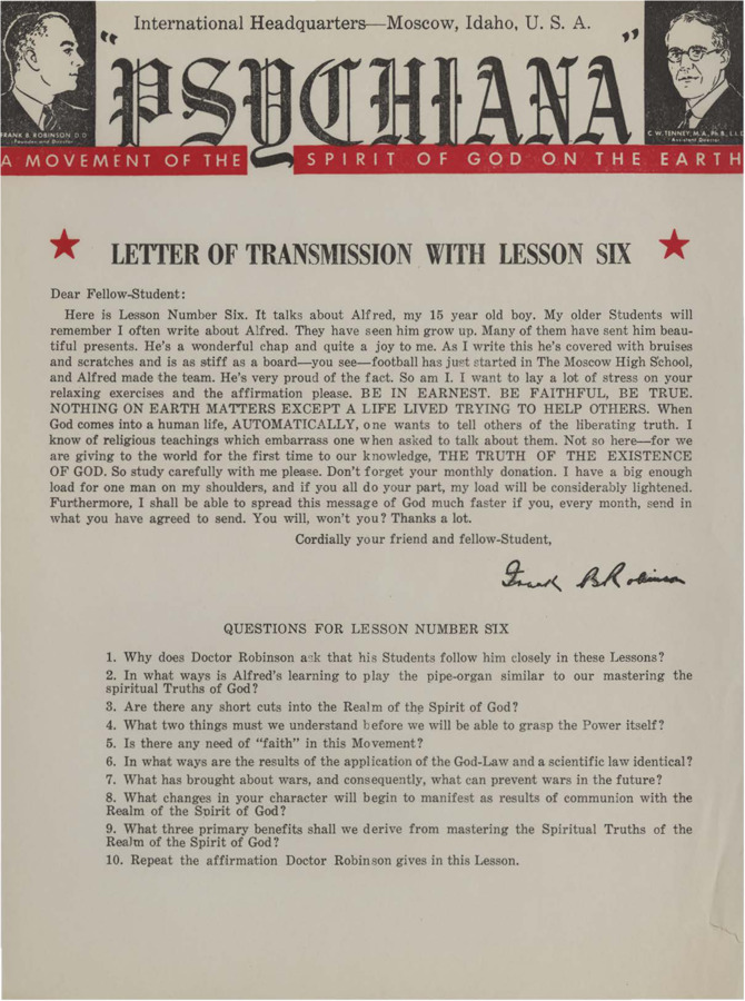 A form letter from Frank B. Robinson with lesson six. Robinson asks his students to study carefully and to honor their financial commitments.