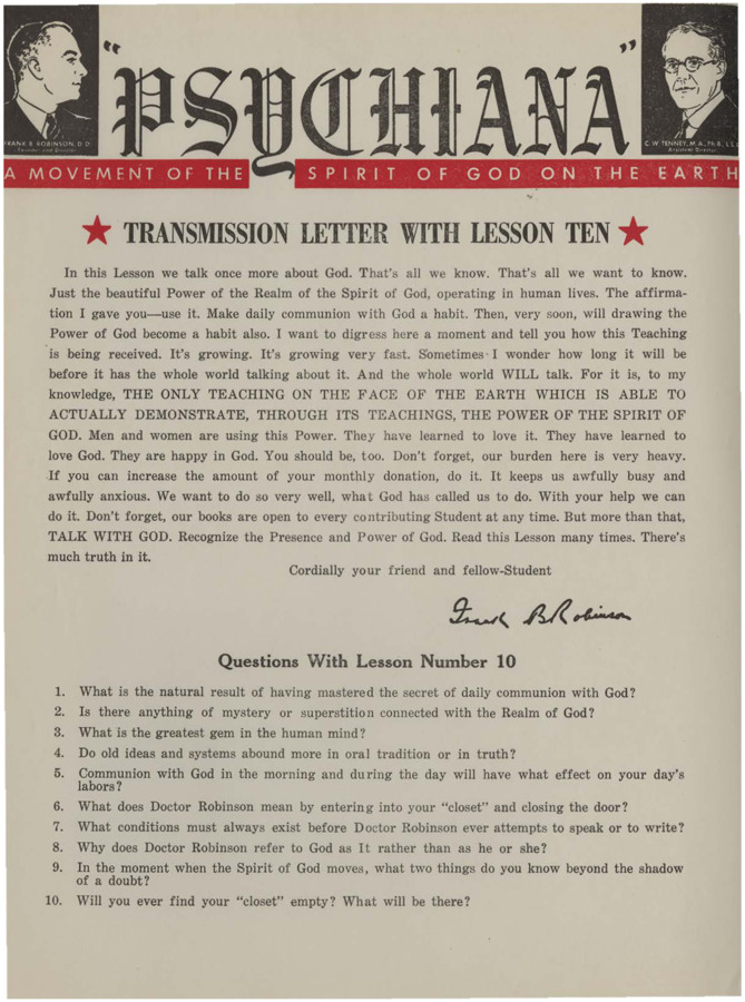 A form letter from Frank B. Robinson with lesson ten. Robinson reminds his students to meet their financial commitments to Psychiana.