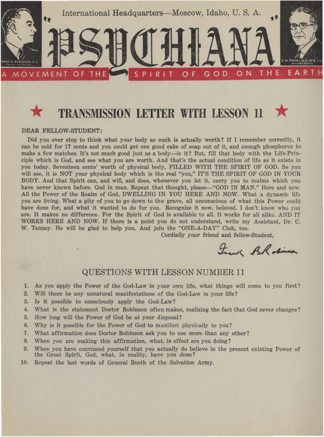 A form letter from Frank B. Robinson with lesson eleven. Robinson tells his students to write to his assistant if they need help understanding the lessons.