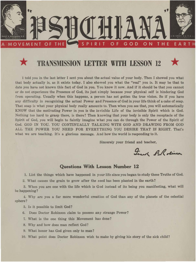 A form letter from Frank B. Robinson with lesson twelve. Robinson tells his students about the 'real' you.