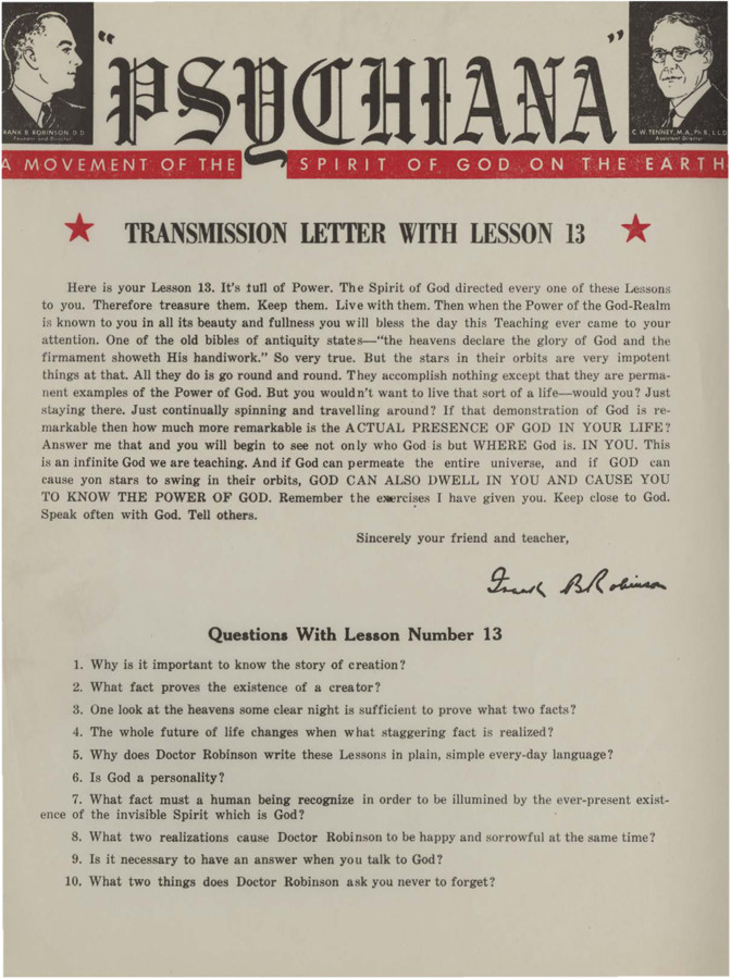 A form letter from Frank B. Robinson with lesson twelve. Robinson tells his students remember the exercises and to share with others about Psychiana.
