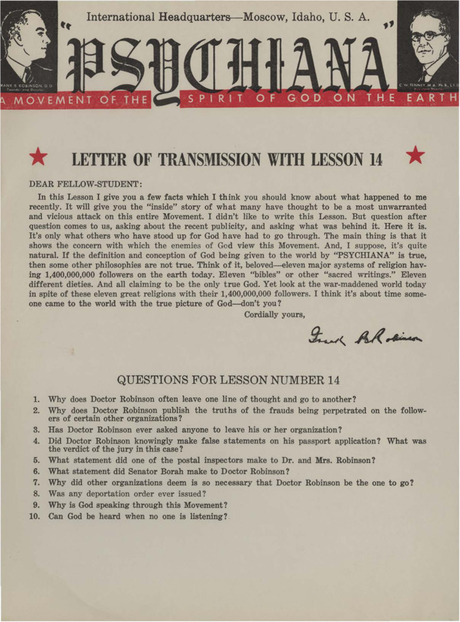 A form letter from Frank B. Robinson with lesson fourteen. Robinson tells his students about the vicious attacks on the Movement.