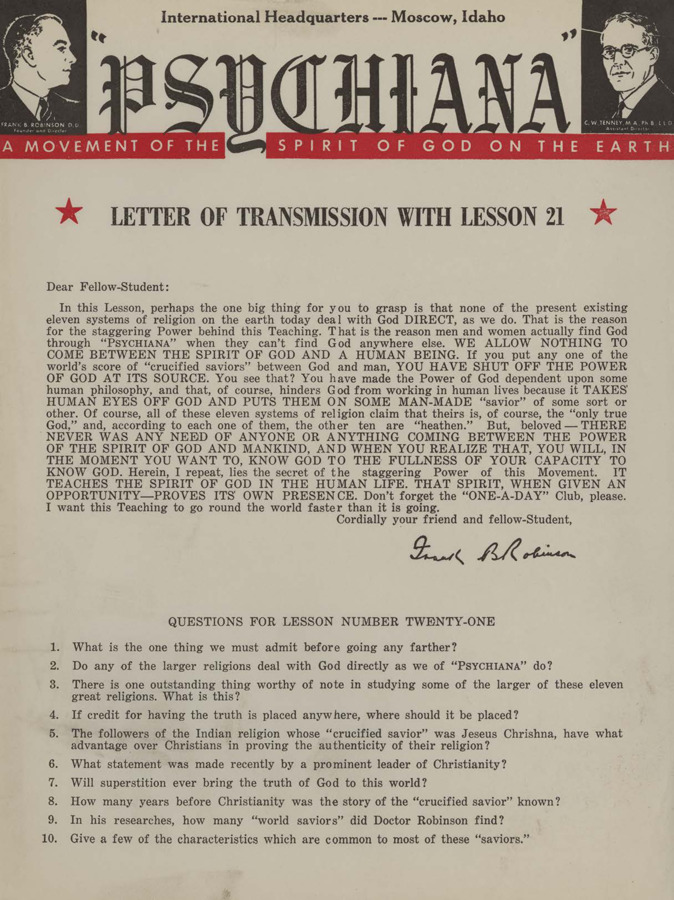 A form letter from Frank B. Robinson with lesson twenty-one. Frank B. Robinson tells his students that none of the other religions deal with God direct as they do in Psychiana.