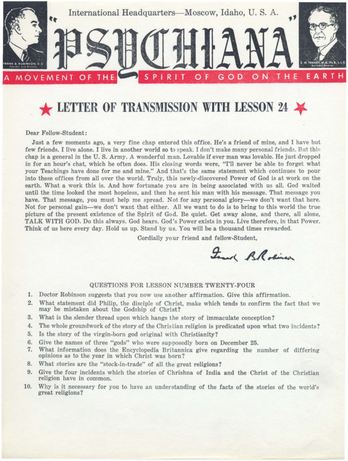 A form letter from Frank B. Robinson with lesson twenty-four. Letter claims Robinson just finished a conversation with a man in the U.S. Army who thanked him for his teachings.