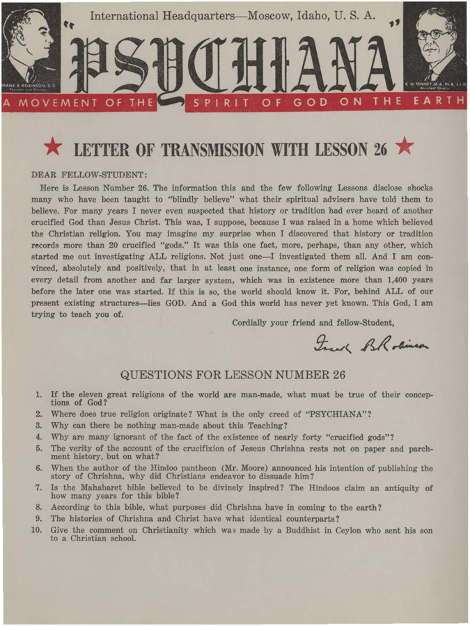 A form letter from Frank B. Robinson with lesson twenty-six. Robinson tells his students that the problem with other religions is the need for blind belief.