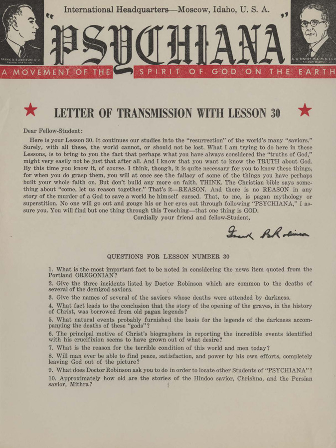 A form letter from Frank B. Robinson with lesson thirty. Robinson tells his students that thinking and reasoning will lead you to God.
