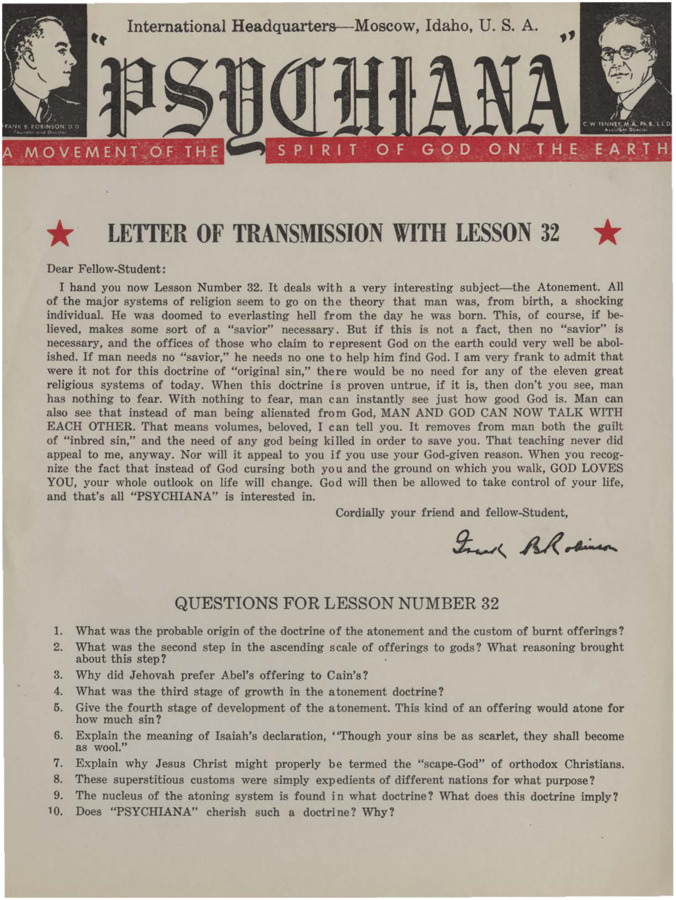 A form letter from Frank B. Robinson with lesson thirty two. Robinson tells his students there is no reason for guilt or a need for a savior.
