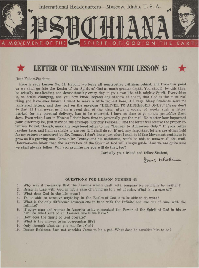 A form letter from Frank B. Robinson with lesson forty-three. Robinson asks that his students not to label envelopes 'DELIVER TO ADDRESSEE ONLY' because he isn't able to get to the Post Office to get the mail.