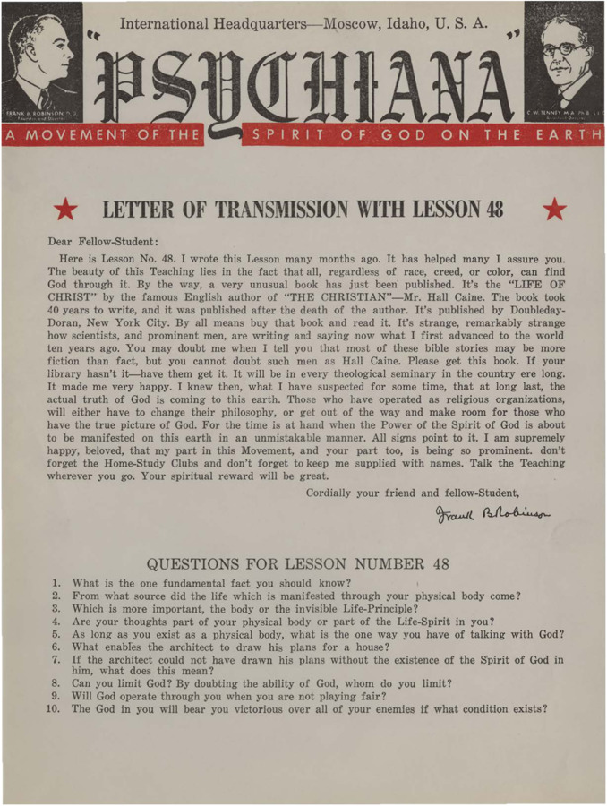 A form letter from Frank B. Robinson with lesson forty-eight. Robinson recommends the book 'The Life of Christ' to his students.