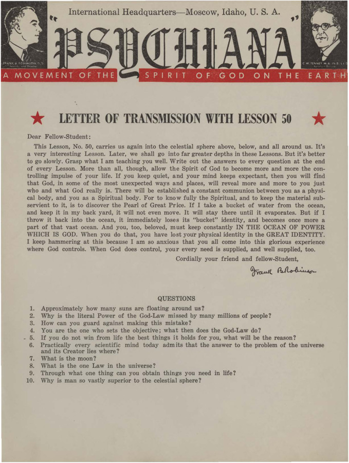 A form letter from Frank B. Robinson with lesson fifty. Robinson tells his students to have the Spirit of God to become the controlling impulse of their life.