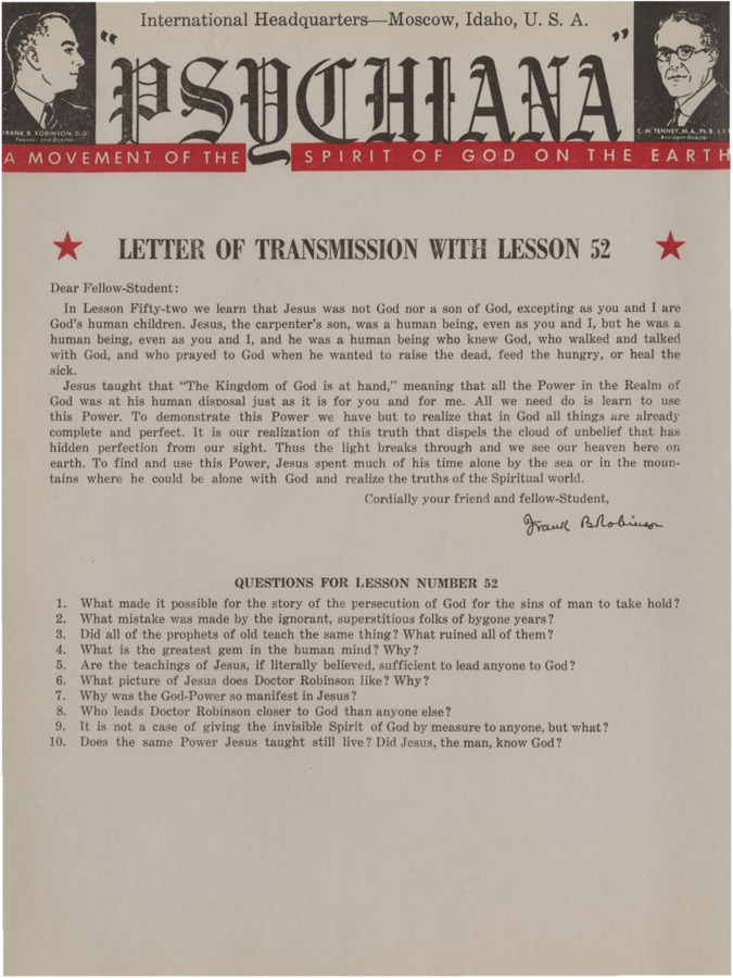 A form letter from Frank B. Robinson with lesson fifty-two. Robinson tells his students that like Jesus they are God's human children, but Jesus was not God.