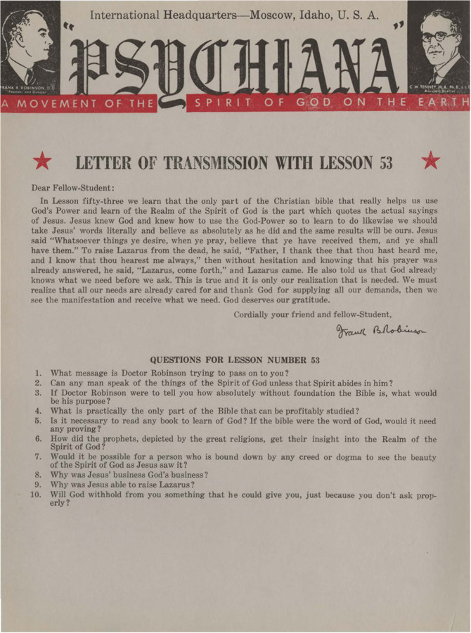 A form letter from Frank B. Robinson with lesson fifty-three. Robinson says that God already knows our needs and our realization of this is all that is needed.