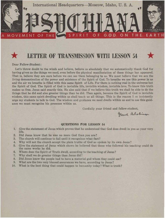 A form letter from Frank B. Robinson with lesson fifty-four. Robinson urges students to talk to God.