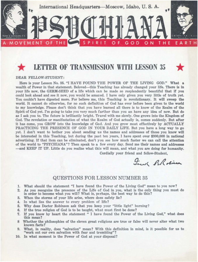 A form letter from Frank B. Robinson with lesson thirty-five. Robinson recognizes the power of affirmations he asks his students to speak to themselves then asks for contact information to mail more material to others who are not members.
